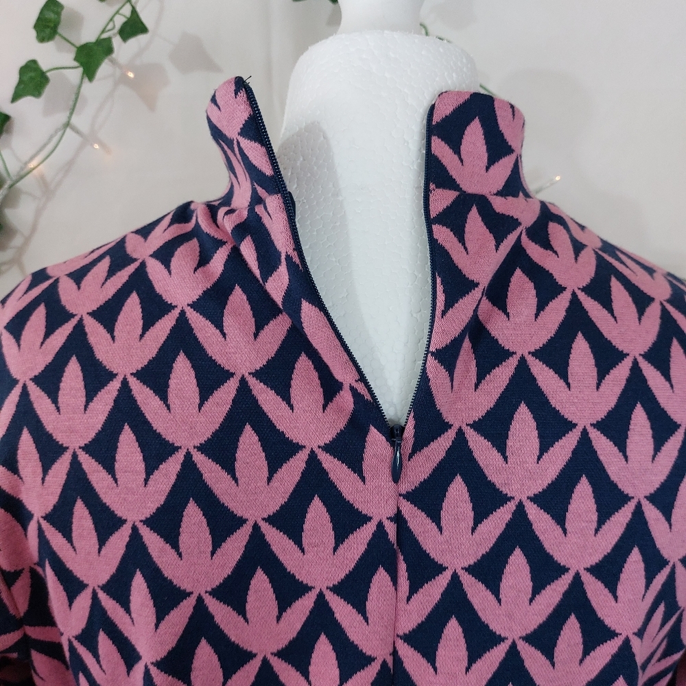 BODEN High Neck Fit&Flare Dress Pink Navy Floral Geo Size 14R Winter Autumn Chic - Picture 6 of 11